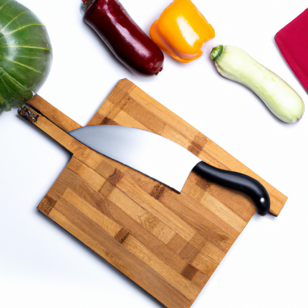 Chef knife and fresh vegetables arranged for meal prep
